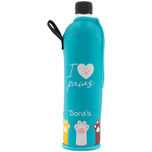 Dora’s Glas Mehrwegflasche mit Neoprenbezug PFOTEN