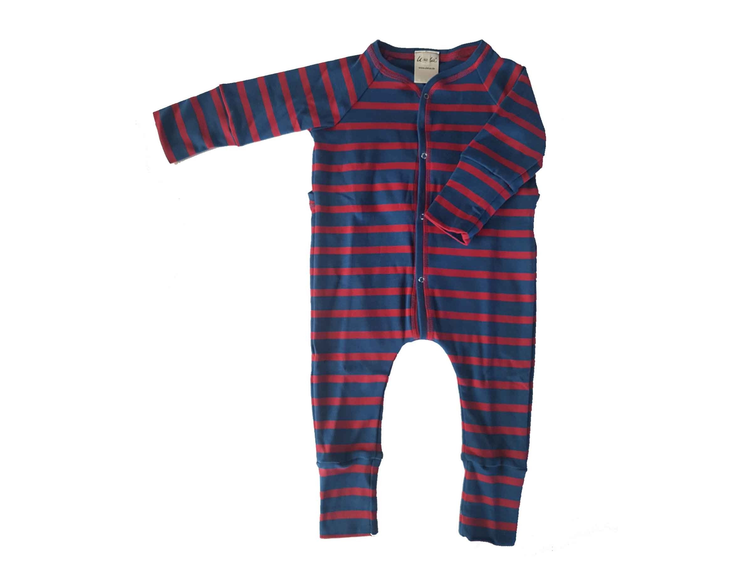 Organic Babygrow red-blue striped, footless sleepsuit | Greenpicks